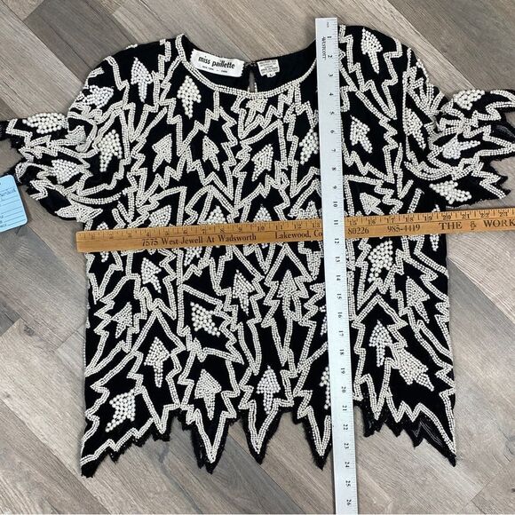 Miss Paillette Pearl Embellished Silk Pullover Blouse Black White Large - Picture 11 of 11